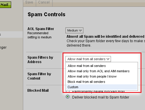 AOL email filtering instructions Step 2